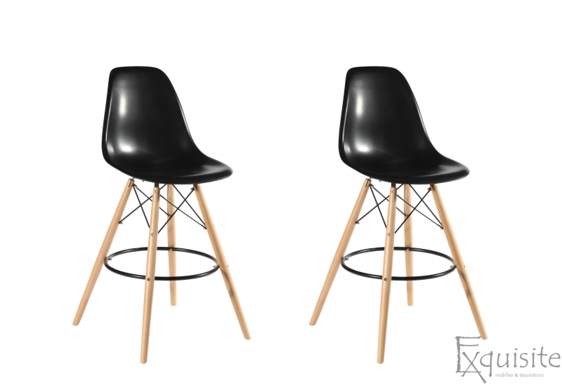 Scaune de bar din plastic cu picioare din lemn - Set 2 bucati - diverse culori2