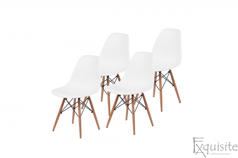 Scaune de bucatarie - Set 4 bucati - design modern cu picioare din lemn, EX071, alb 2