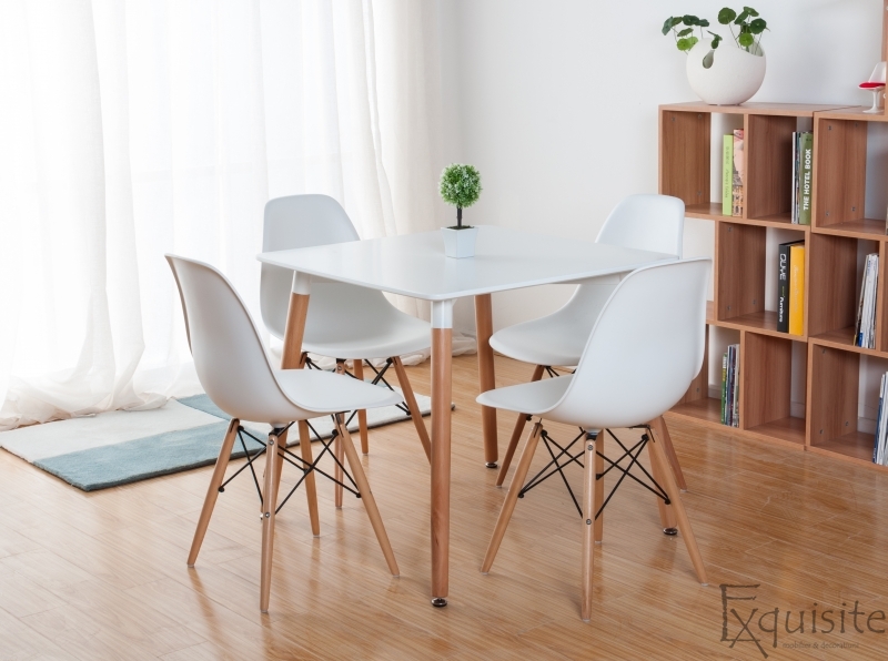 Scaune de bucatarie - Set 4 bucati - design modern cu picioare din lemn, EX071, alb 4